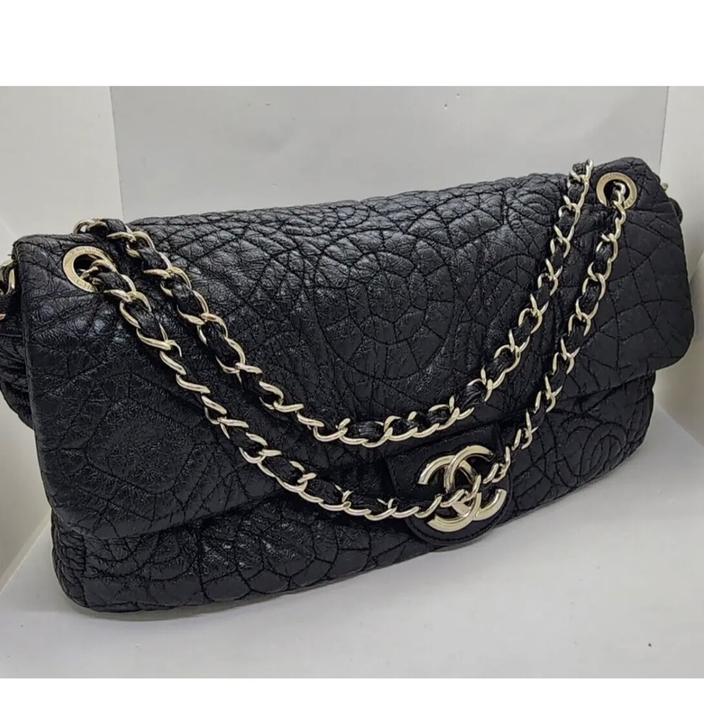 Chanel Black Medium Bag Handbag Graphic Edge Flap Puffer